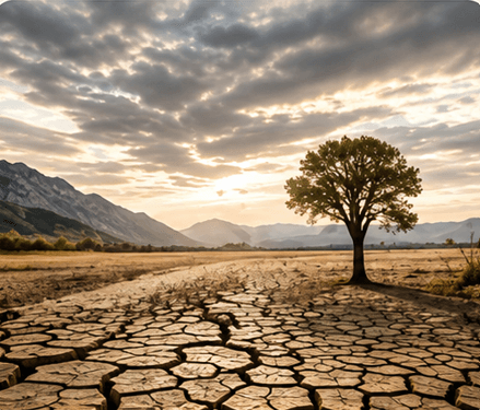 Cracked dry earth with a lone tree