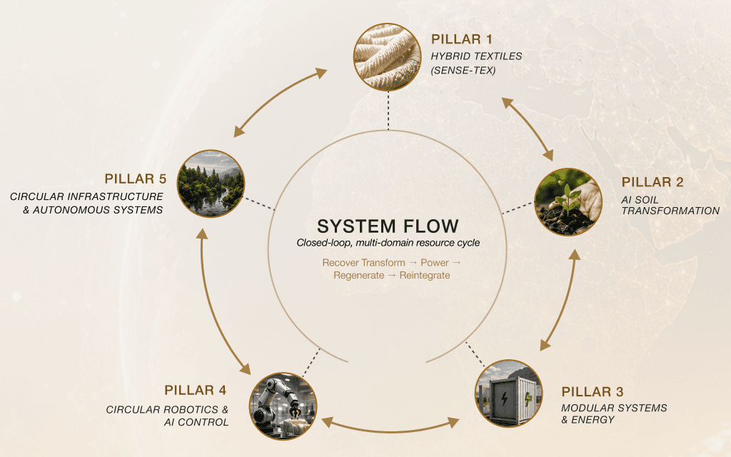 RE:WEAVE system flow: closed-loop resource cycle across five infrastructure pillars