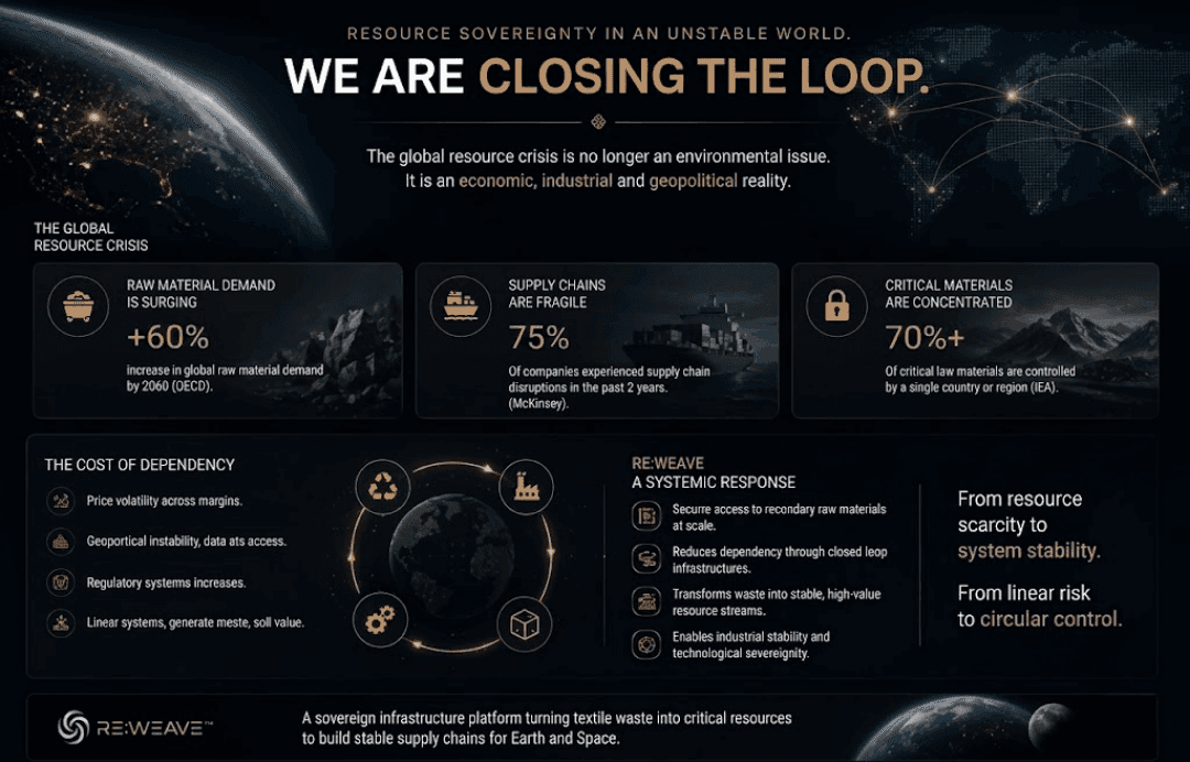 Resource Sovereignty in an Unstable World. We are closing the loop. Global resource crisis statistics and the RE:WEAVE systemic response for Earth and Space.